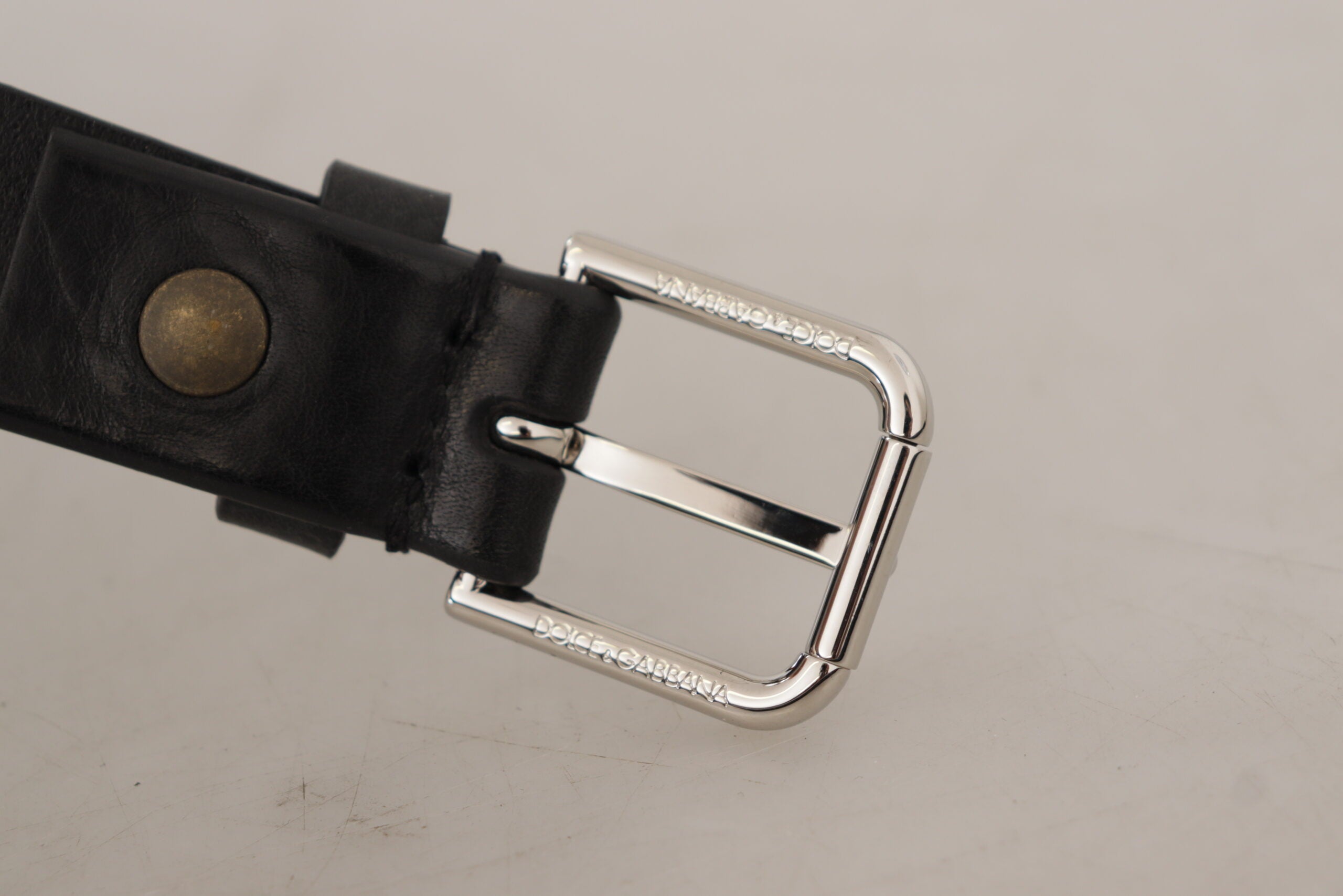 Dolce & Gabbana Black Calf Leather Silver Tone Logo Metal Buckle Belt - Zeiniez