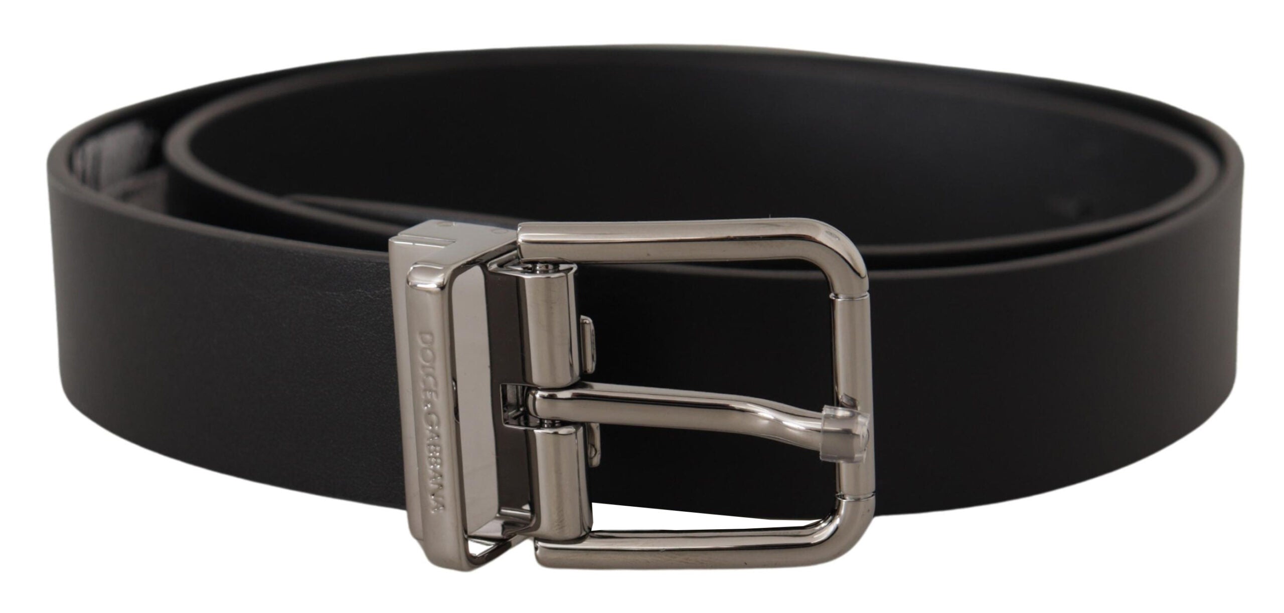 Dolce & Gabbana Black Calf Leather Logo Engraved Metal Buckle Belt - Zeiniez