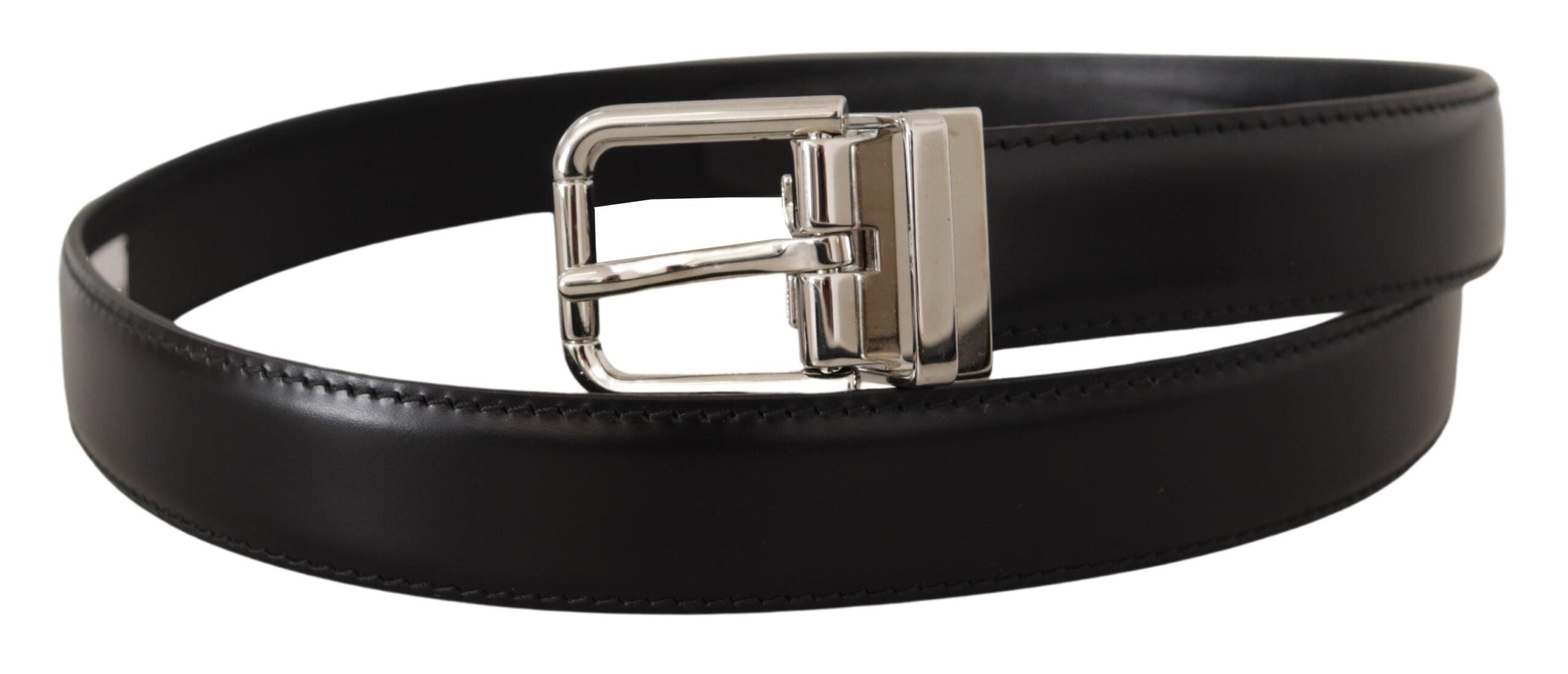Dolce & Gabbana Black Calf Leather Logo Engraved Metal Buckle Belt - Zeiniez