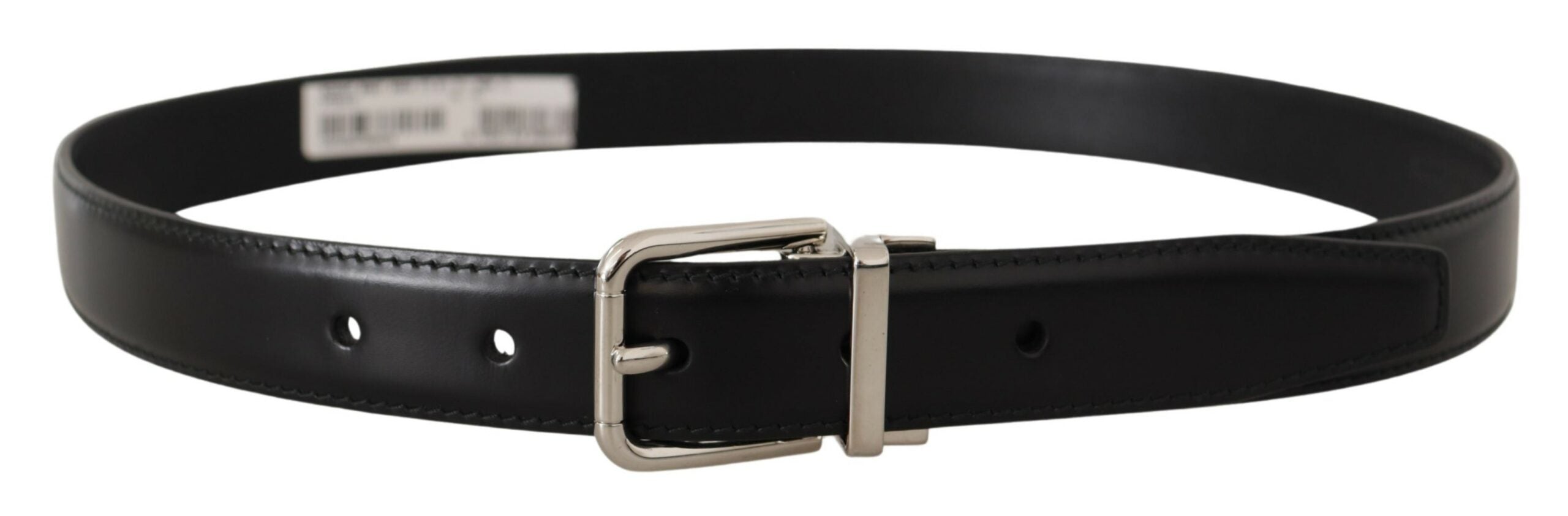 Dolce & Gabbana Black Calf Leather Logo Engraved Metal Buckle Belt - Zeiniez