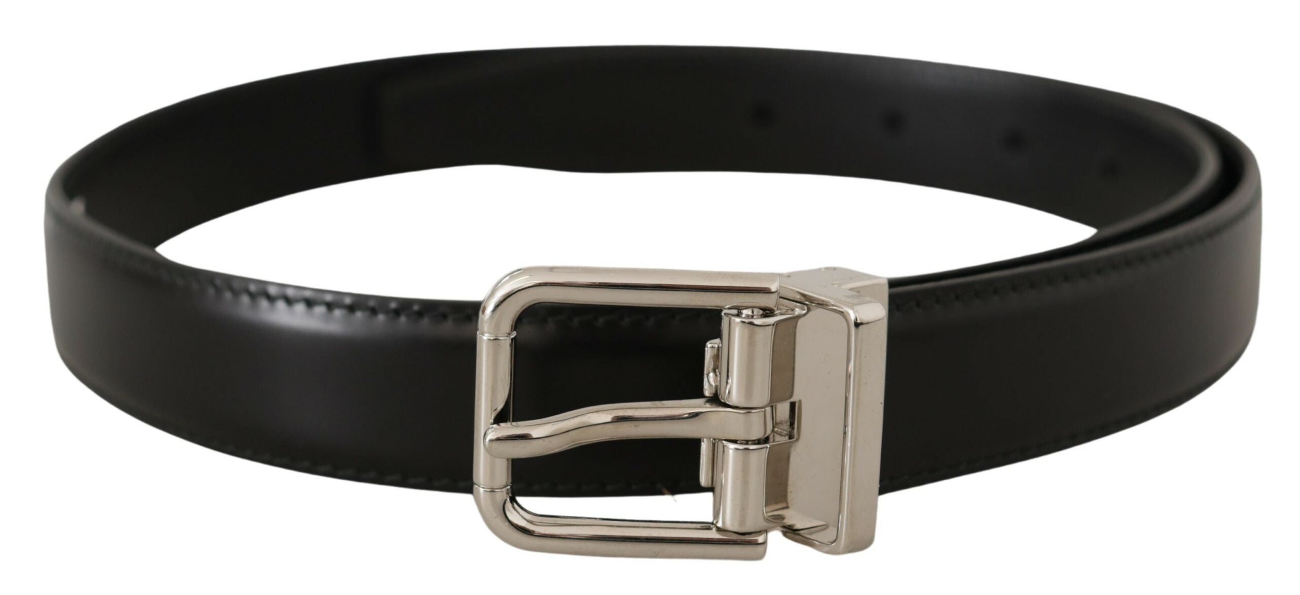 Dolce & Gabbana Black Calf Leather Logo Engraved Metal Buckle Belt - Zeiniez