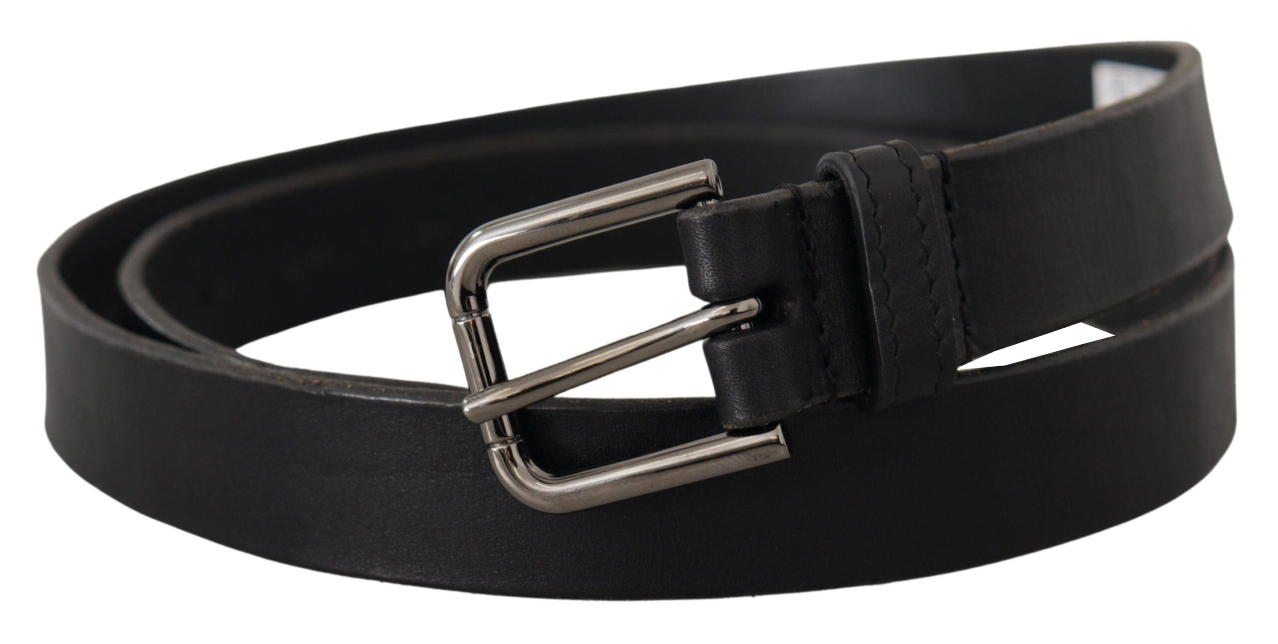 Dolce & Gabbana Black Calf Leather Logo Engraved Metal Buckle Belt - Zeiniez