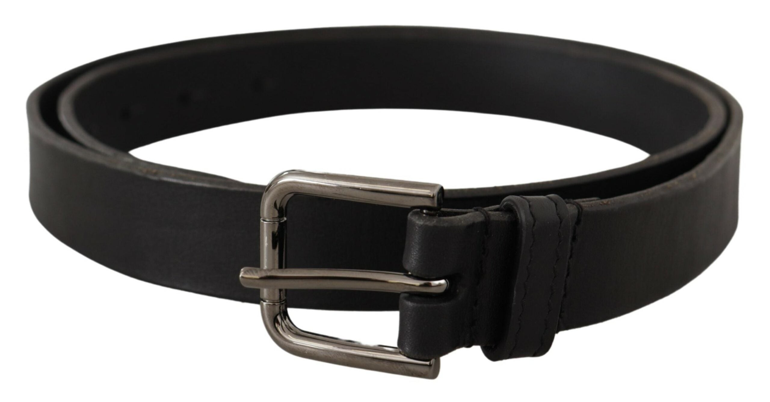 Dolce & Gabbana Black Calf Leather Logo Engraved Metal Buckle Belt - Zeiniez