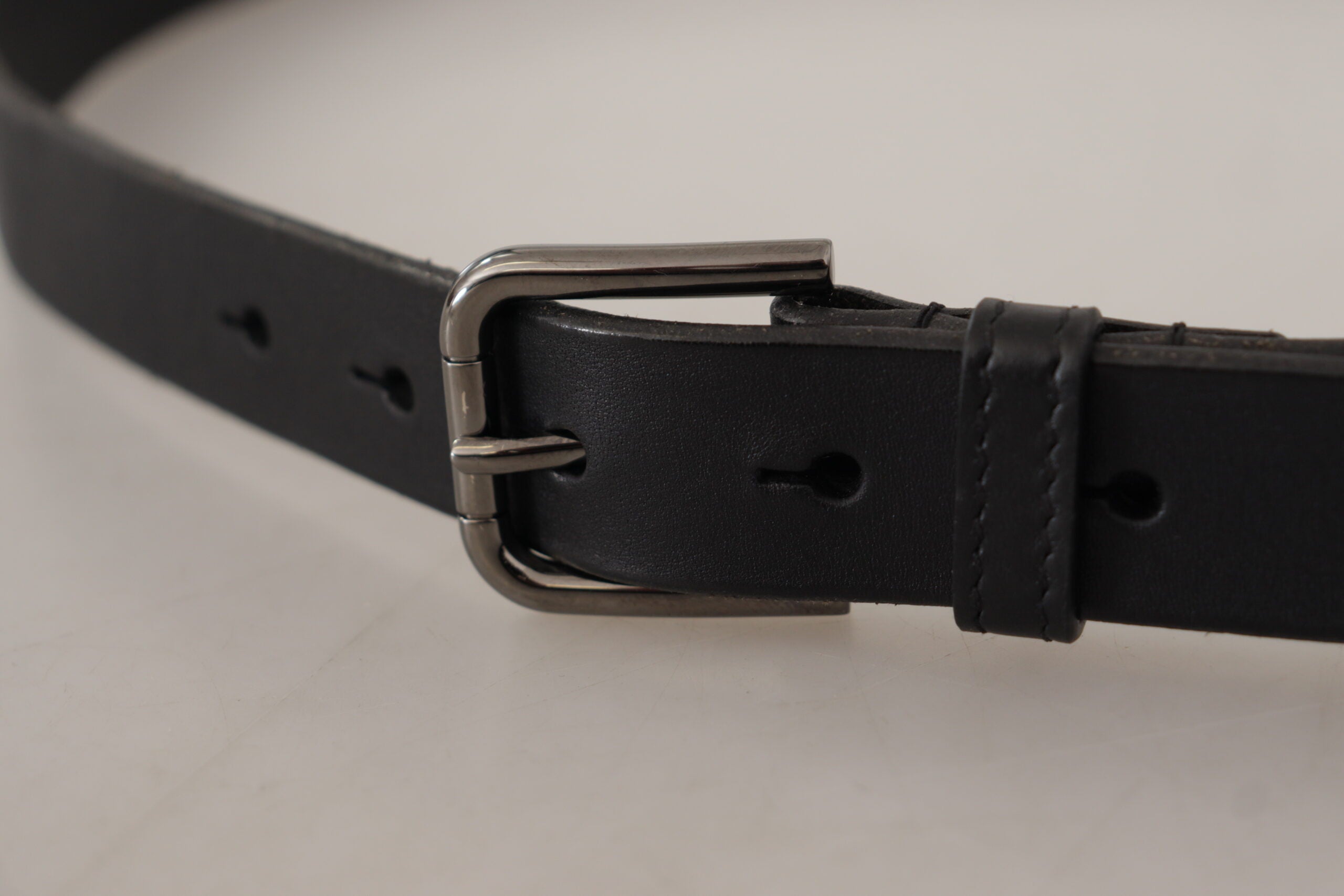 Dolce & Gabbana Black Calf Leather Logo Engraved Metal Buckle Belt - Zeiniez