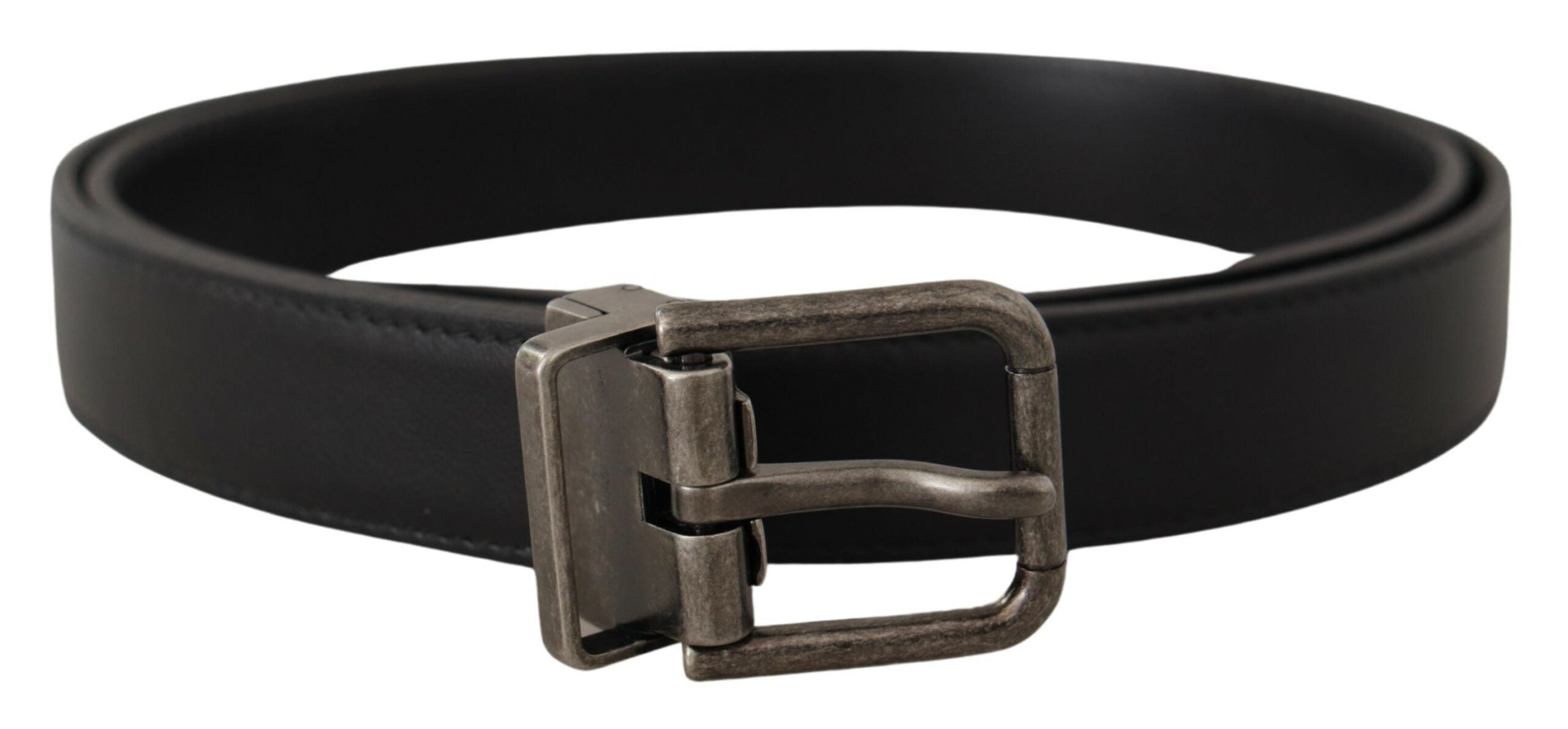 Dolce & Gabbana Black Plain Leather Vintage Logo Metal Buckle Belt - Zeiniez