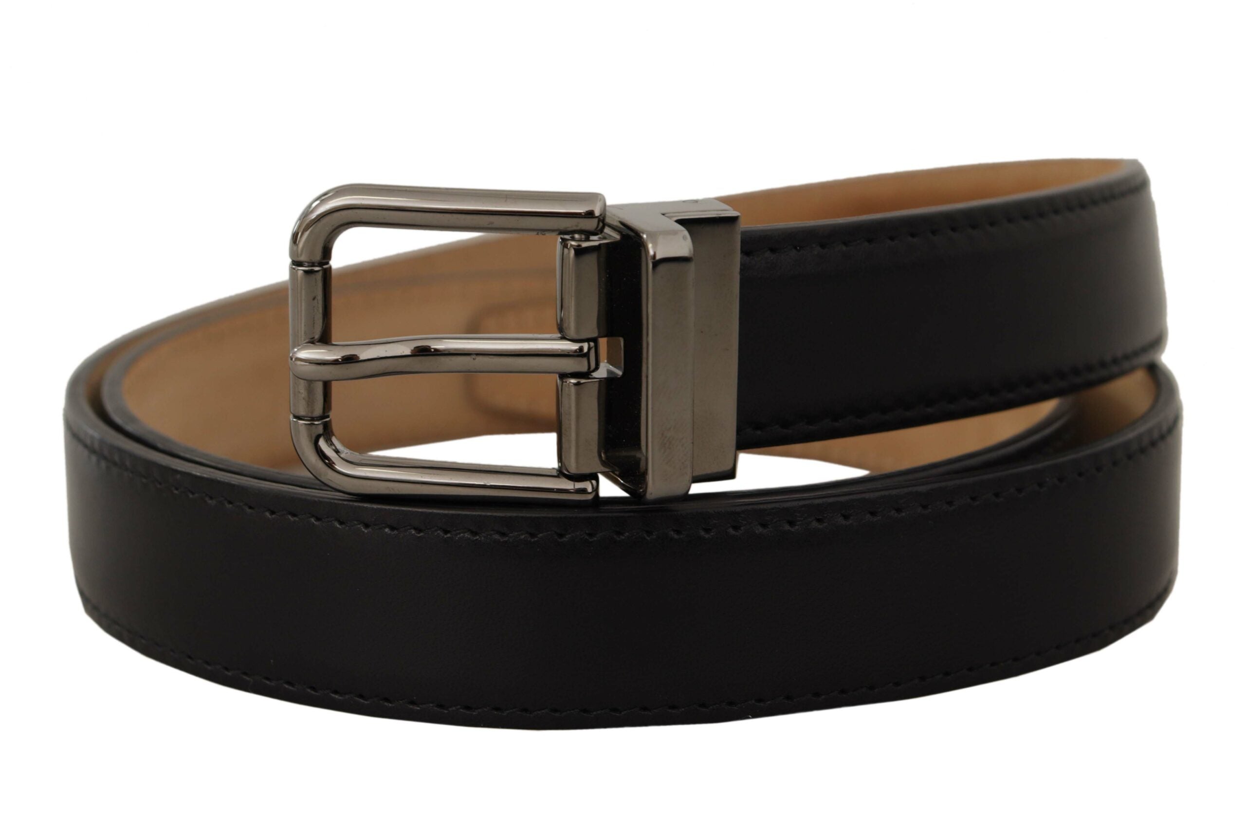 Dolce & Gabbana Black Calf Leather Logo Engraved Metal Buckle Belt - Zeiniez