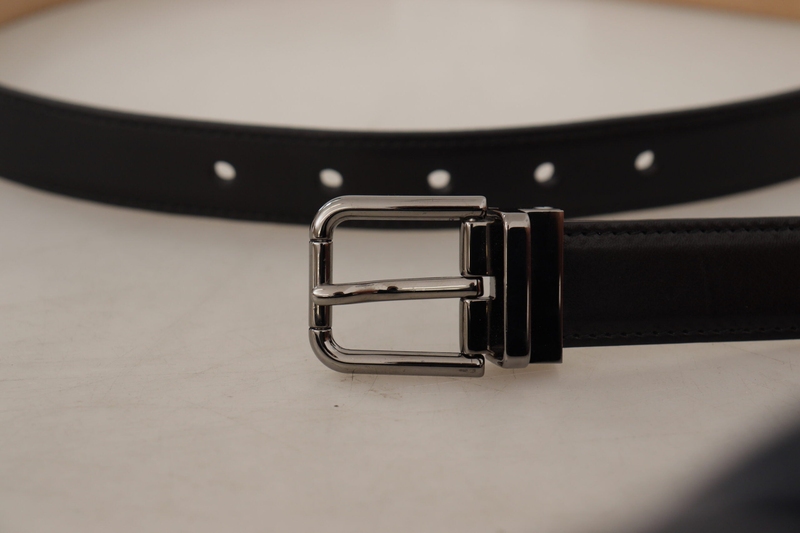 Dolce & Gabbana Black Calf Leather Logo Engraved Metal Buckle Belt - Zeiniez