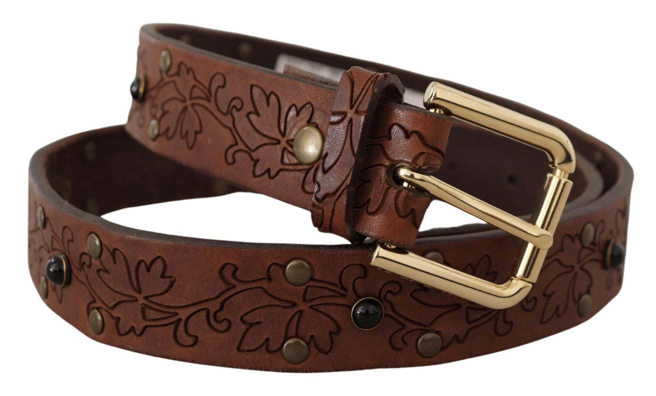 Dolce & Gabbana Brown Leather Floral Studded Metal Buckle Belt - Zeiniez