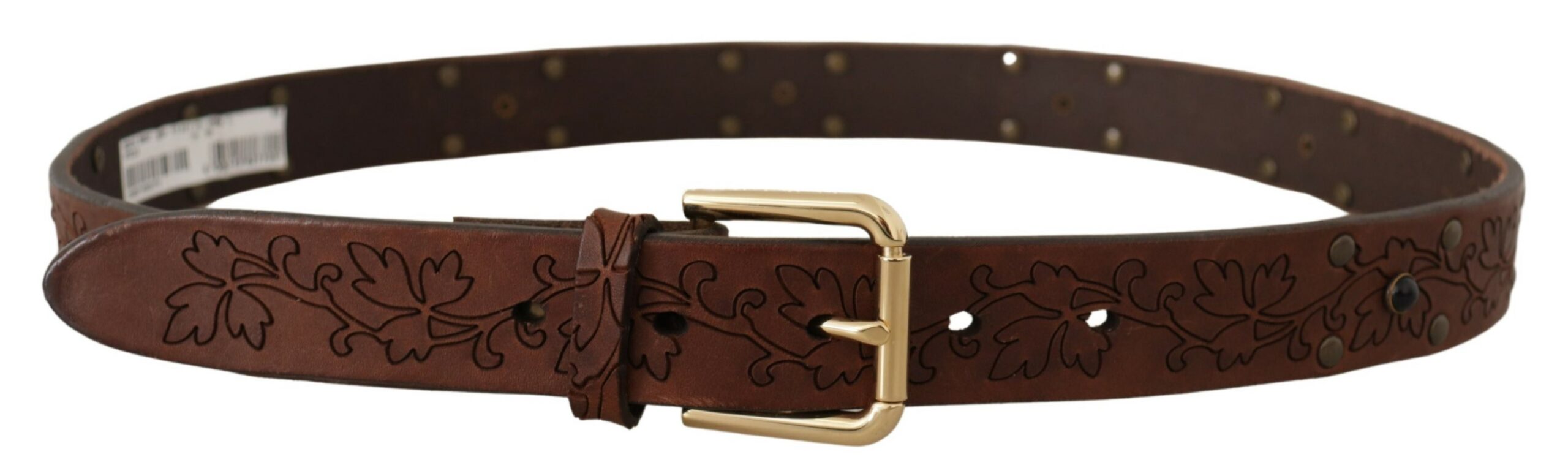 Dolce & Gabbana Brown Leather Floral Studded Metal Buckle Belt - Zeiniez