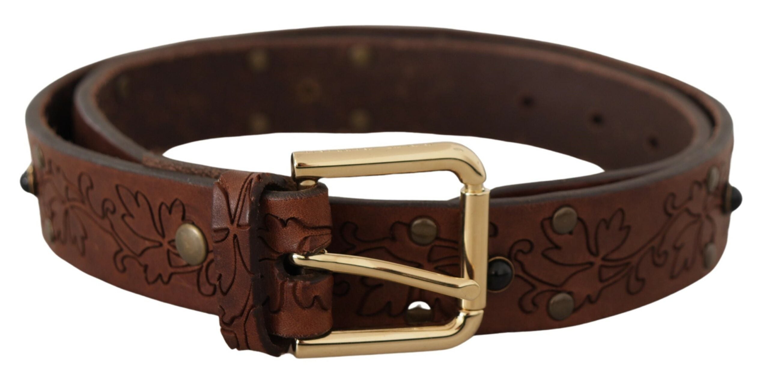 Dolce & Gabbana Brown Leather Floral Studded Metal Buckle Belt - Zeiniez