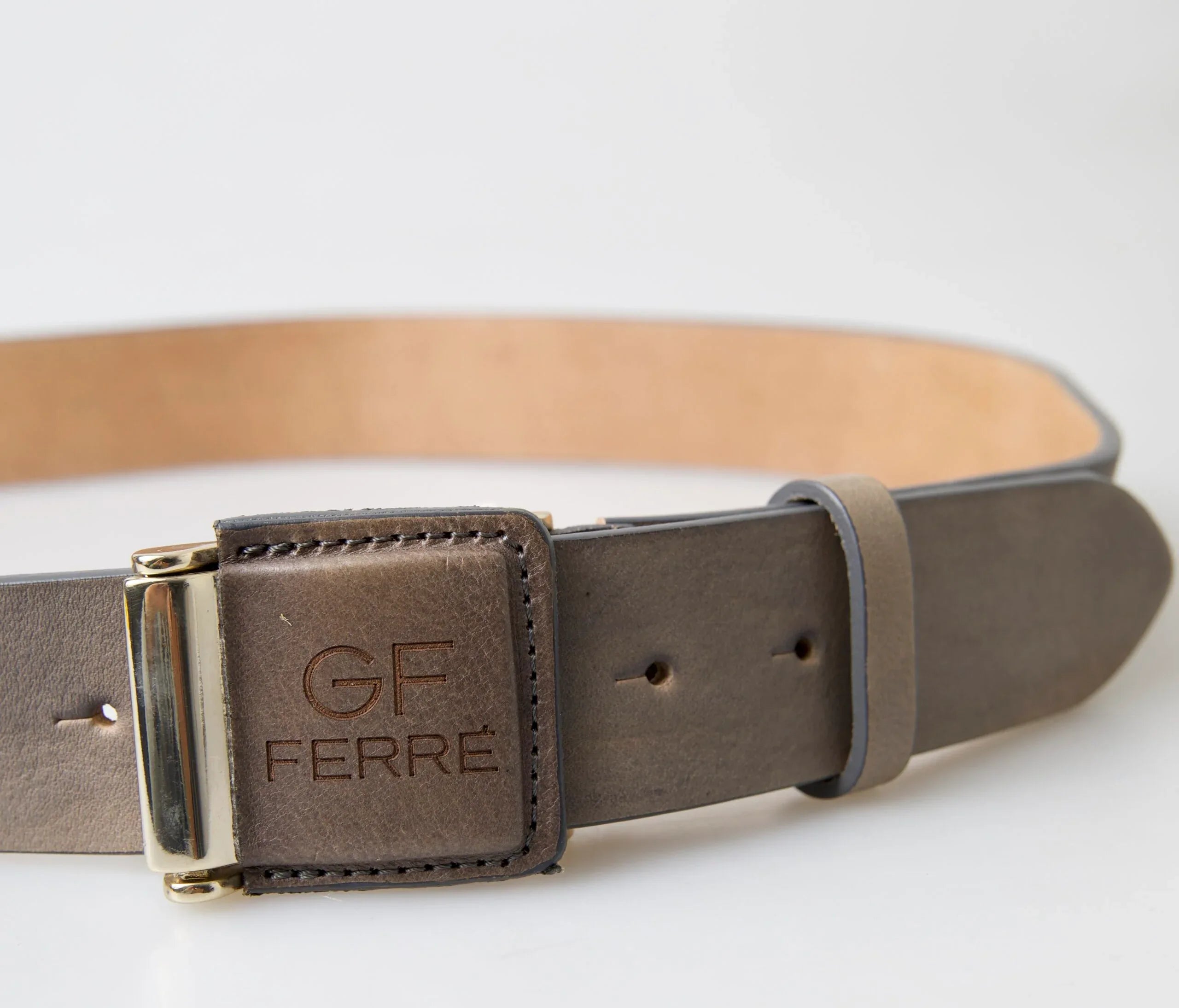 GF Ferre Brown Leather Fashion Logo Buckle Waist Belt - Zeiniez