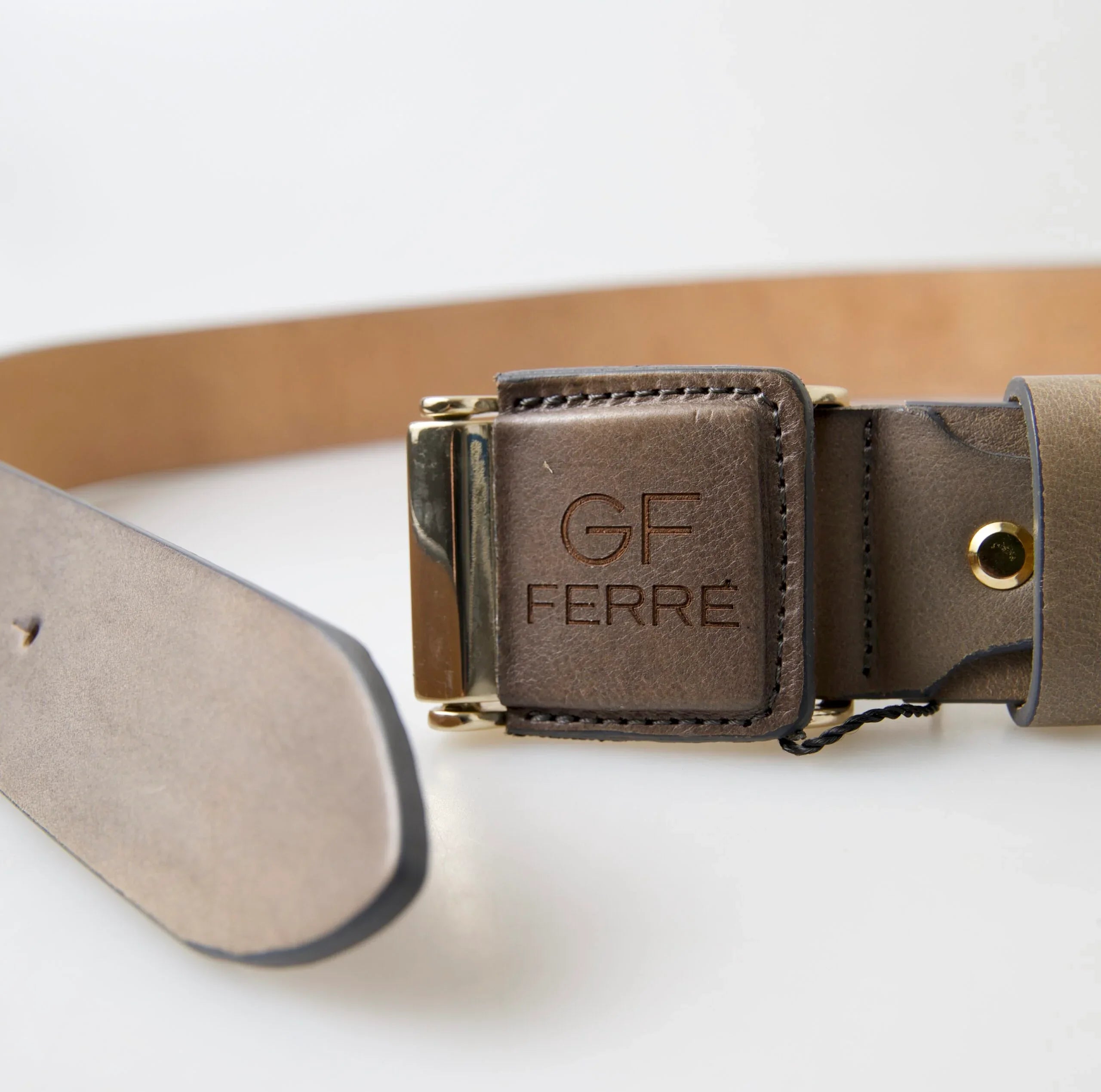 GF Ferre Brown Leather Fashion Logo Buckle Waist Belt - Zeiniez