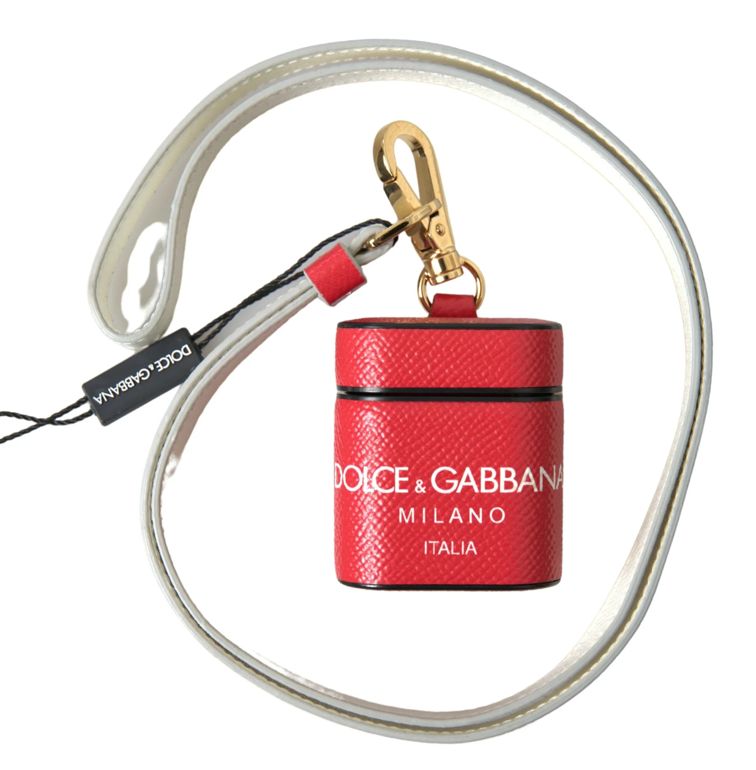Dolce & Gabbana Red Leather Gold Tone Metal Logo Print Airpods Case - Zeiniez