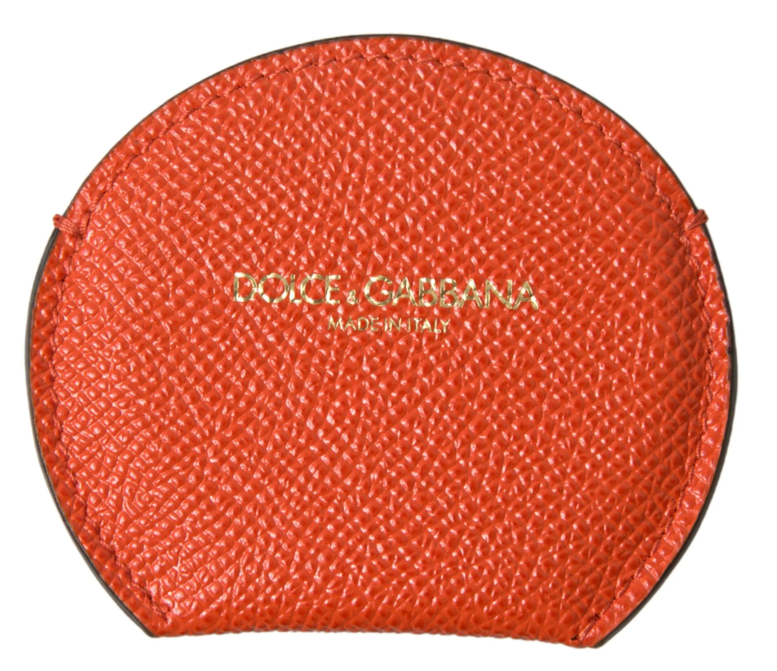 Dolce & Gabbana Orange Calfskin Leather Round Logo Hand Mirror Holder - Zeiniez