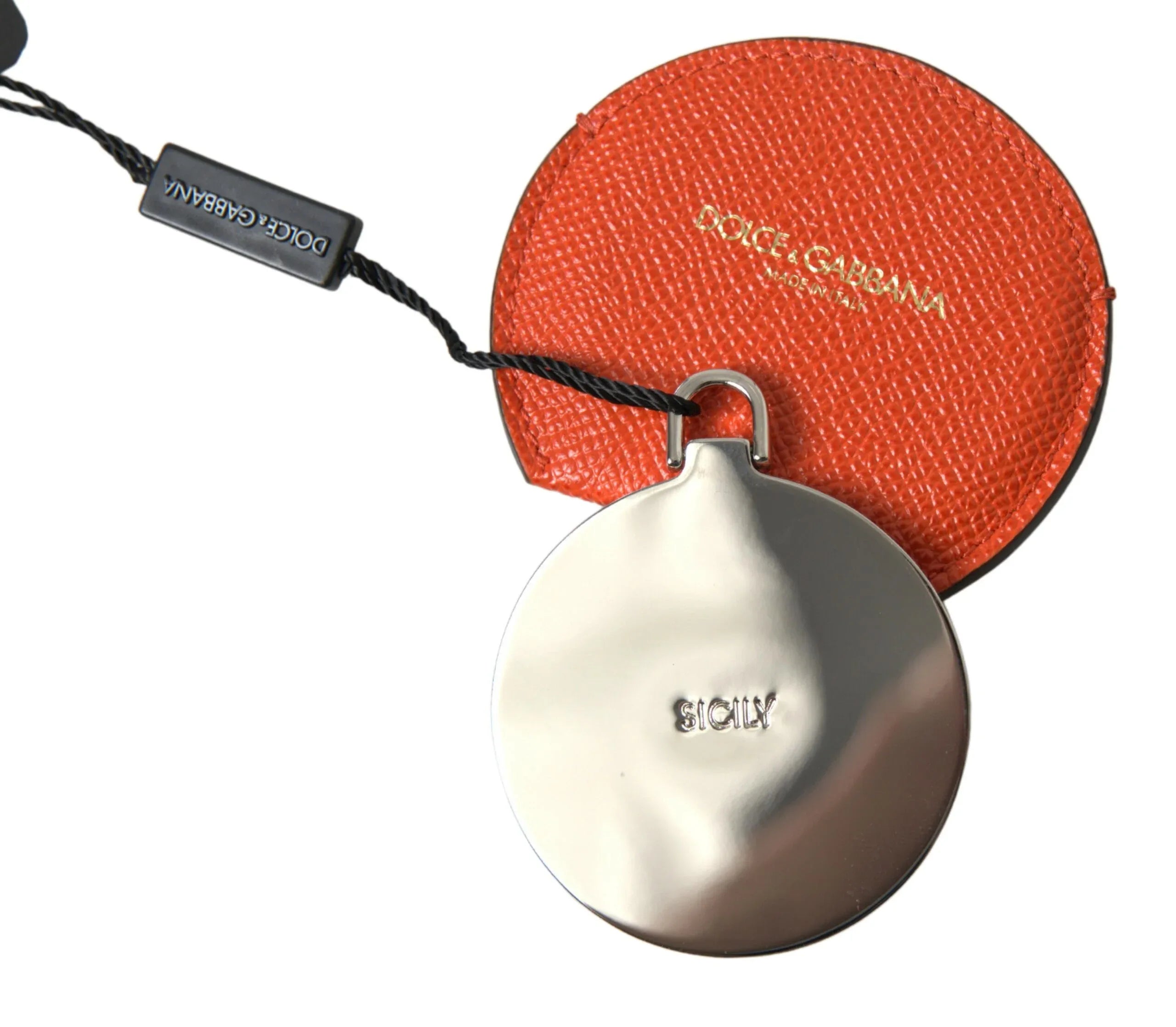 Dolce & Gabbana Orange Calfskin Leather Round Logo Hand Mirror Holder - Zeiniez