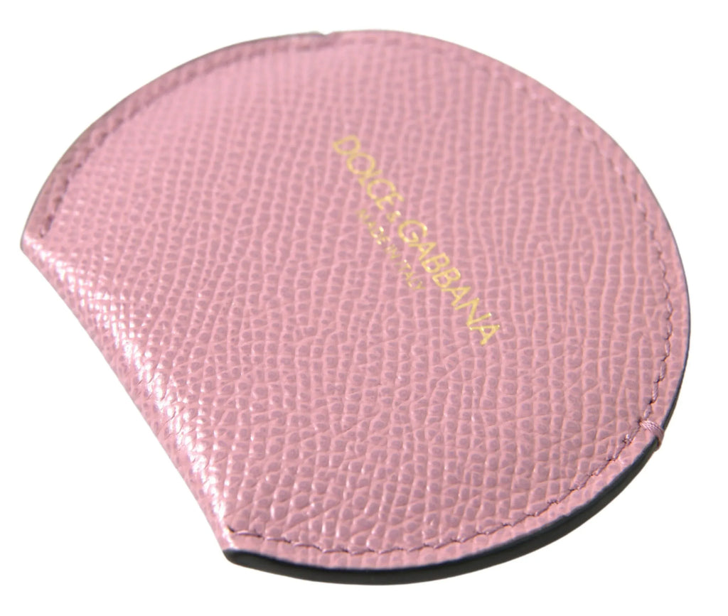 Dolce & Gabbana Pink Calfskin Leather Round Logo Print Hand Mirror Holder - Zeiniez