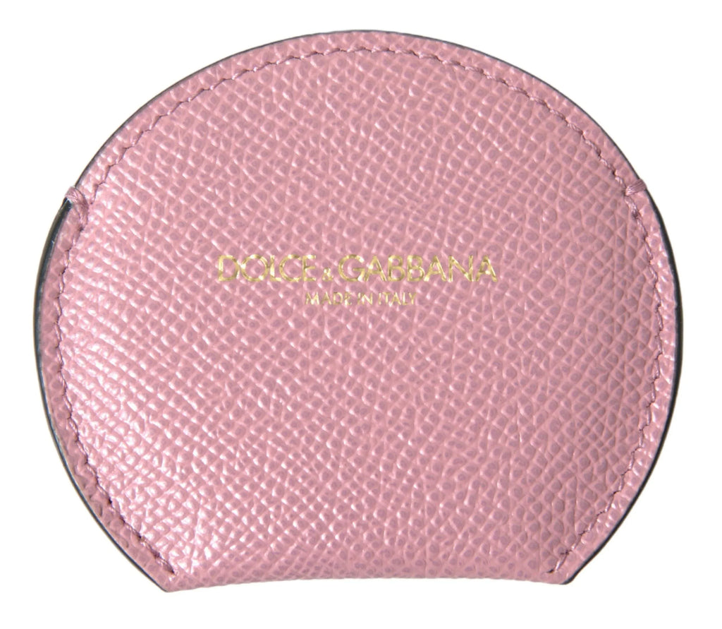 Dolce & Gabbana Pink Calfskin Leather Round Logo Print Hand Mirror Holder - Zeiniez