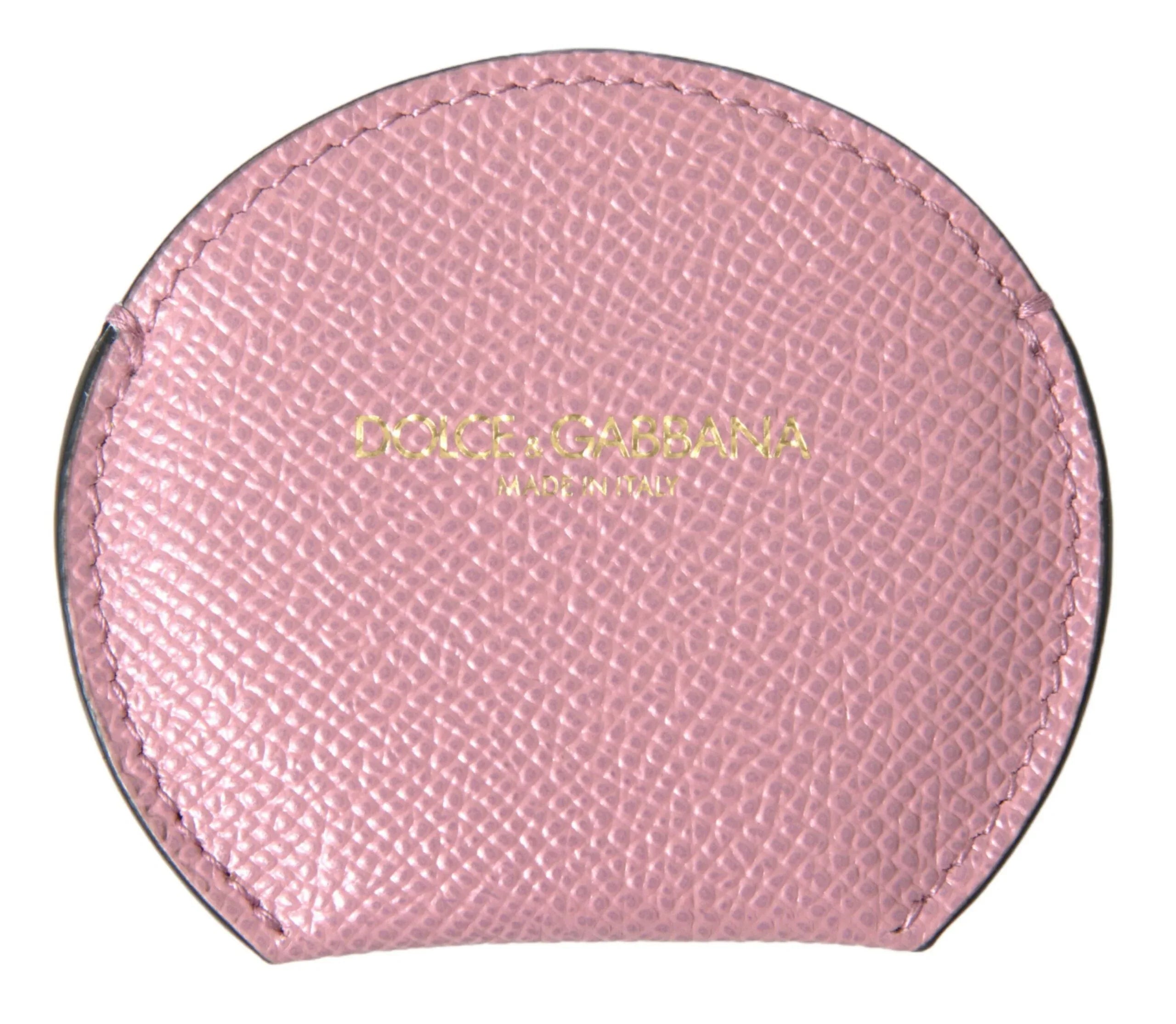 Dolce & Gabbana Pink Calfskin Leather Round Logo Print Hand Mirror Holder - Zeiniez