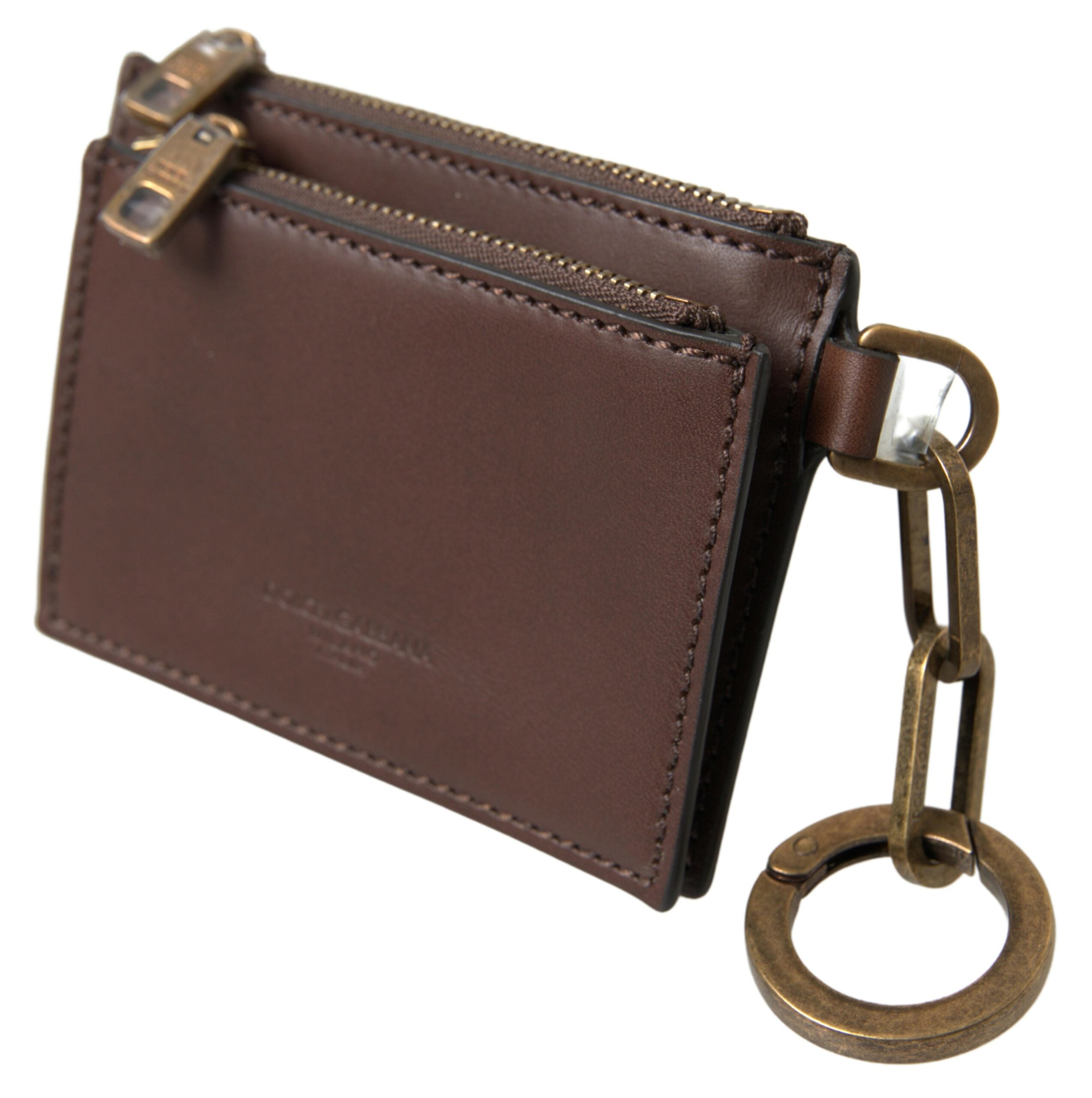 Dolce & Gabbana Brown Leather Zip Logo Keyring Coin Purse Wallet - Zeiniez