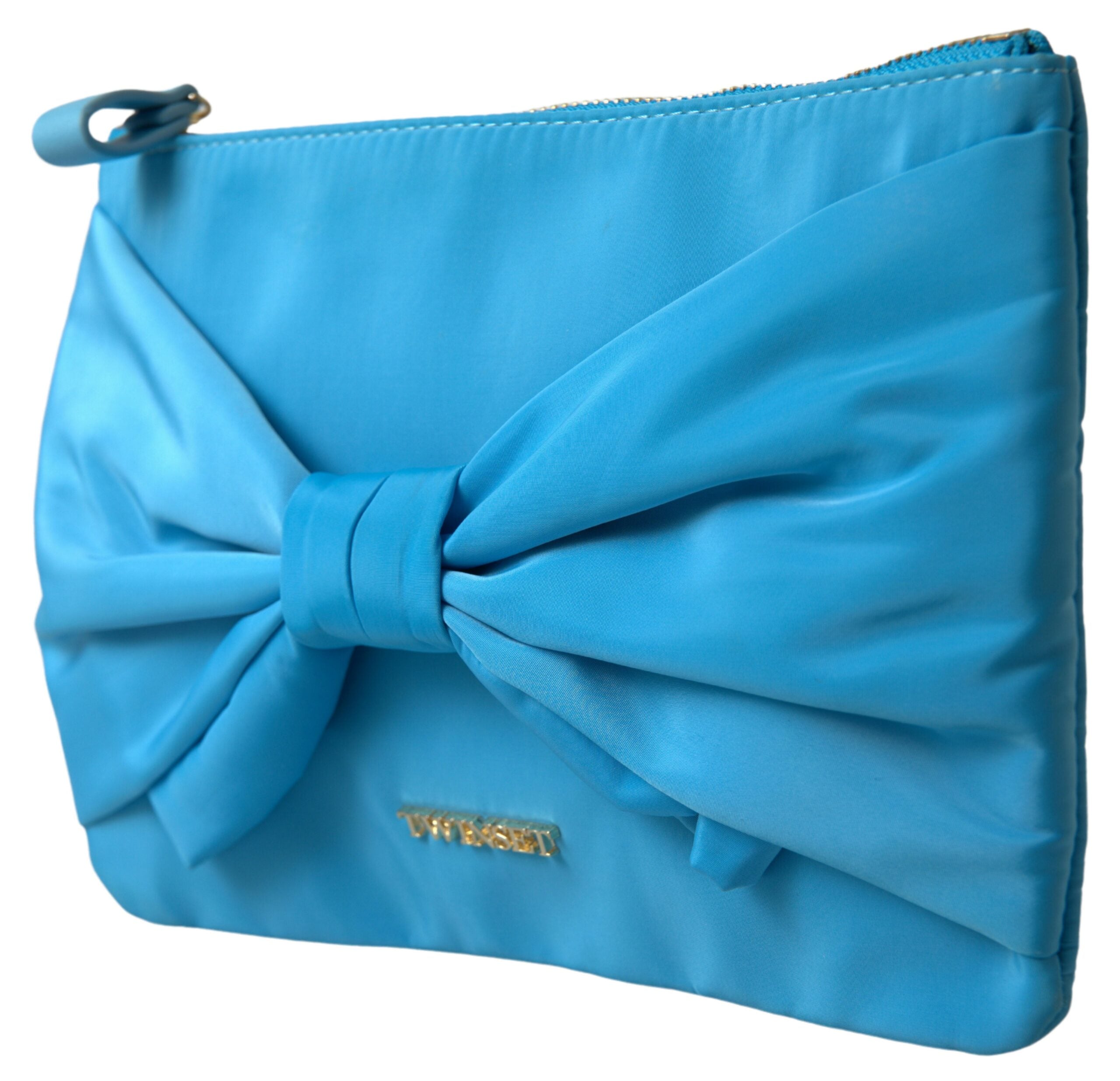 Twinset Blue Tafta Silk Large Bow Zipper Clutch Women Borse Logo Bag - Zeiniez