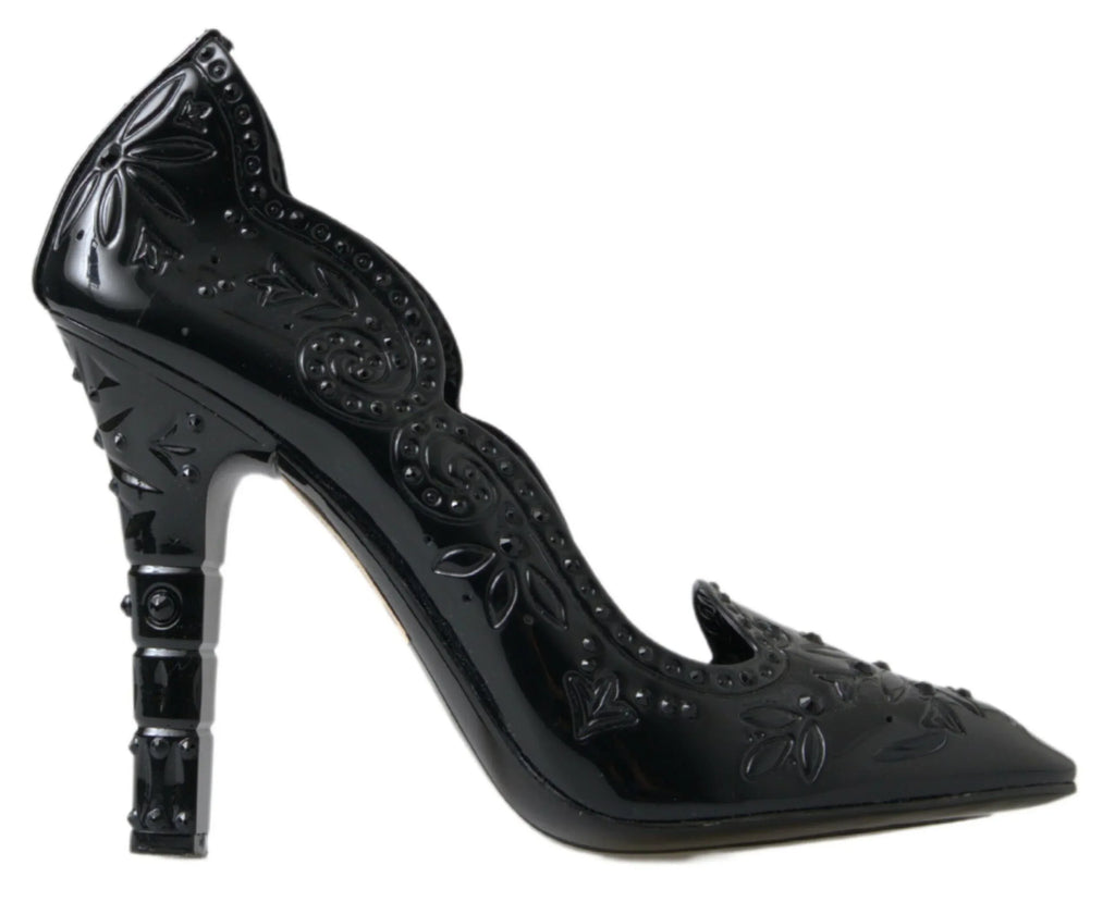 Dolce & Gabbana Black CINDERELLA Floral Crystal Heels Shoes - Zeiniez