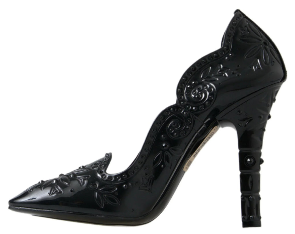Dolce & Gabbana Black CINDERELLA Floral Crystal Heels Shoes - Zeiniez