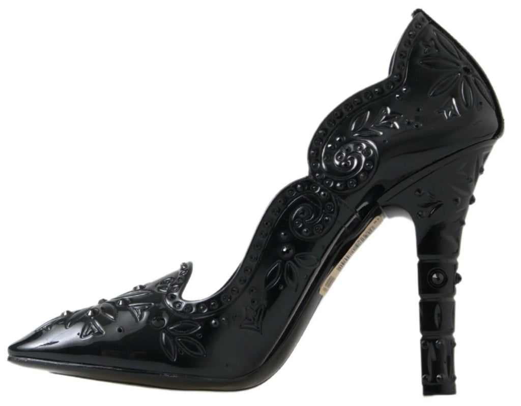 Dolce & Gabbana Black CINDERELLA Floral Crystal Heels Shoes - Zeiniez