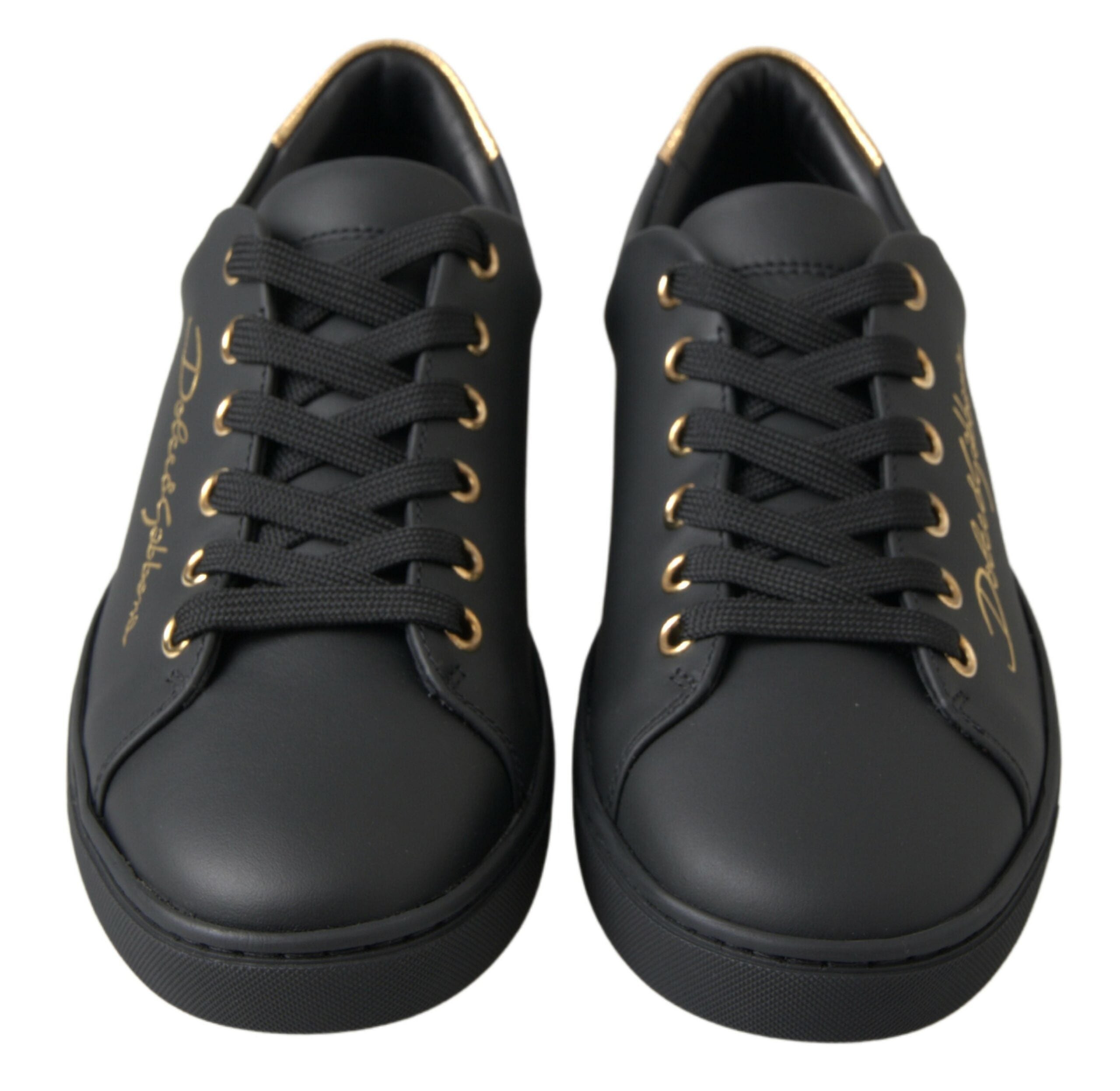 Dolce & Gabbana Black Gold Leather Classic Sneakers Shoes - Zeiniez