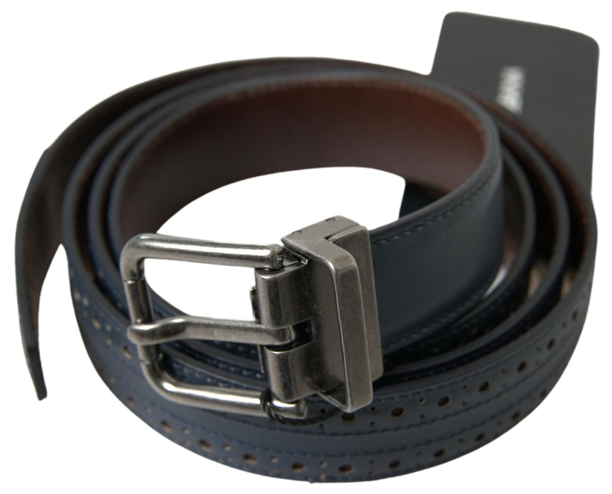 Dolce & Gabbana Blue Leather Perforated Metal Buckle Belt - Zeiniez
