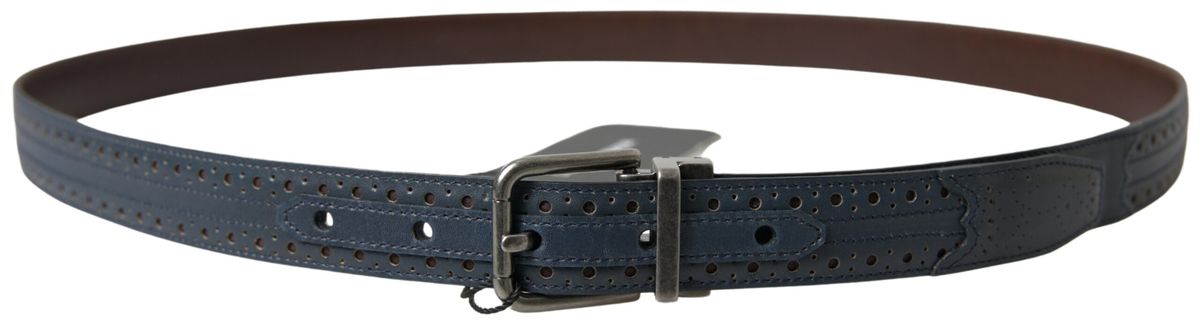 Dolce & Gabbana Blue Leather Perforated Metal Buckle Belt - Zeiniez
