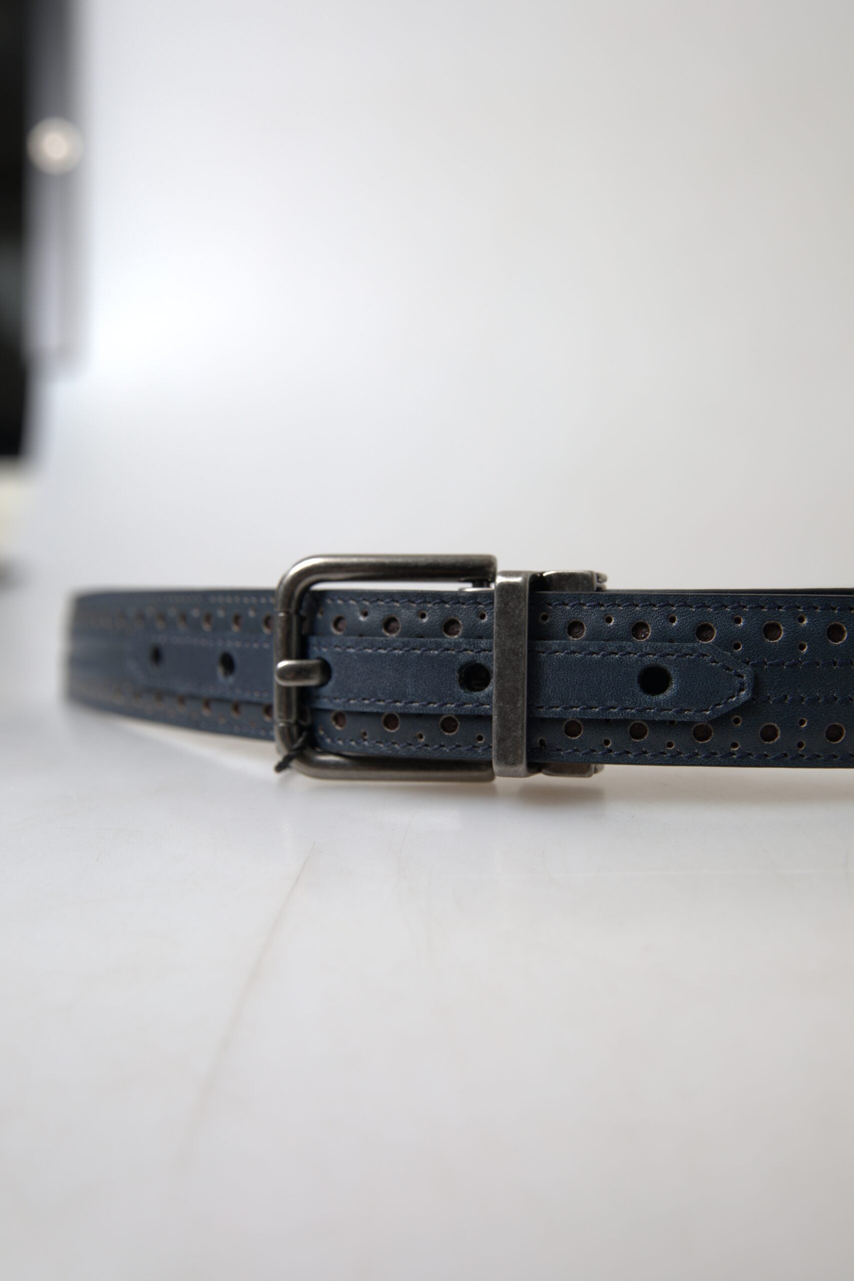 Dolce & Gabbana Blue Leather Perforated Metal Buckle Belt - Zeiniez