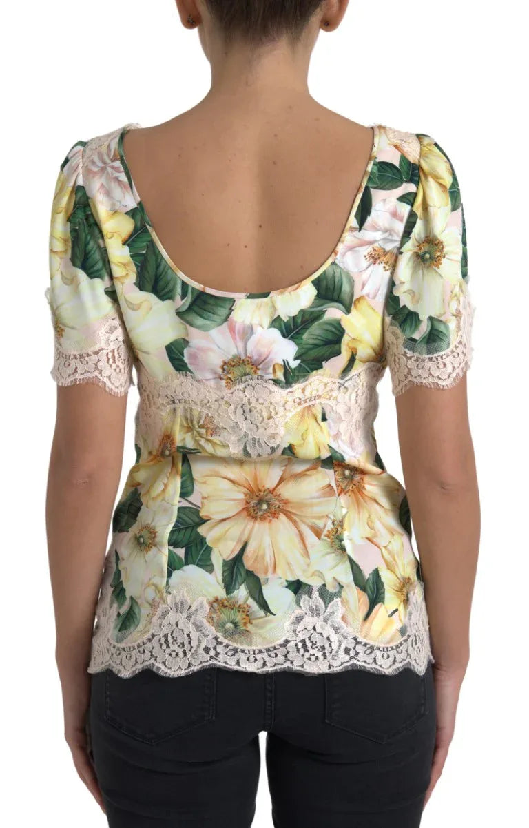 Dolce & Gabbana Multicolor Floral Lace V Neck Blouse - Zeiniez