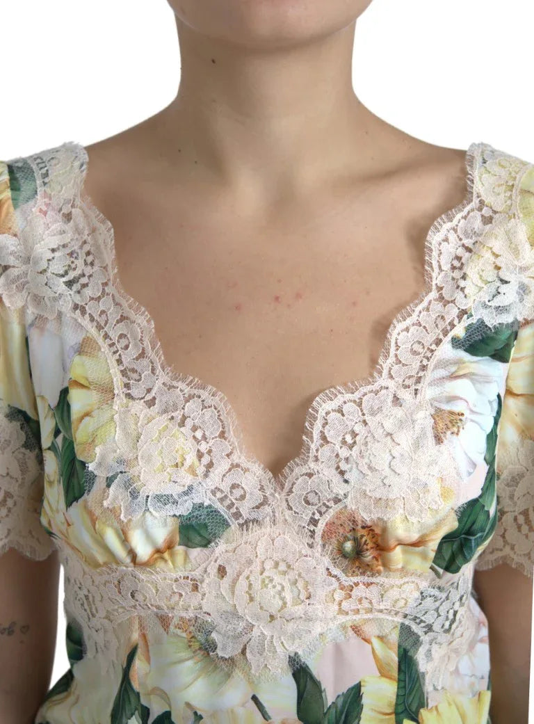 Dolce & Gabbana Multicolor Floral Lace V Neck Blouse - Zeiniez