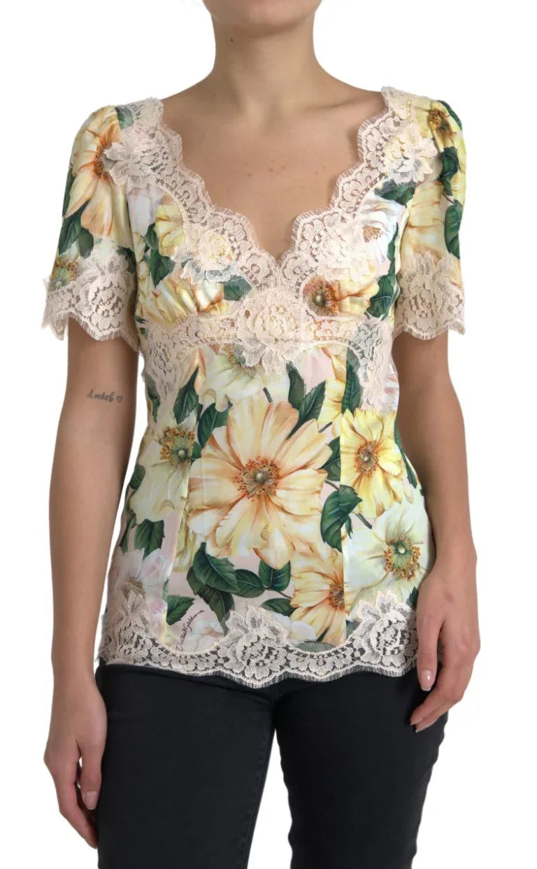 Dolce & Gabbana Multicolor Floral Lace V Neck Blouse - Zeiniez