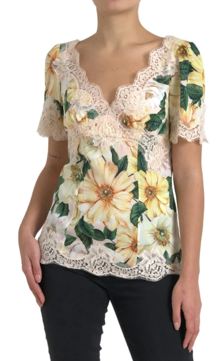 Dolce & Gabbana Multicolor Floral Lace V Neck Blouse - Zeiniez