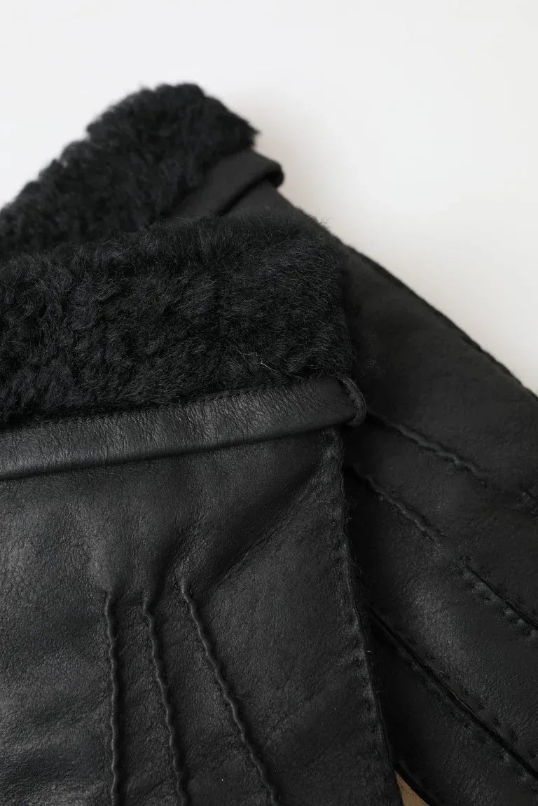 Dolce & Gabbana Black Leather Fur Short Hands Mitten Men Gloves - Zeiniez