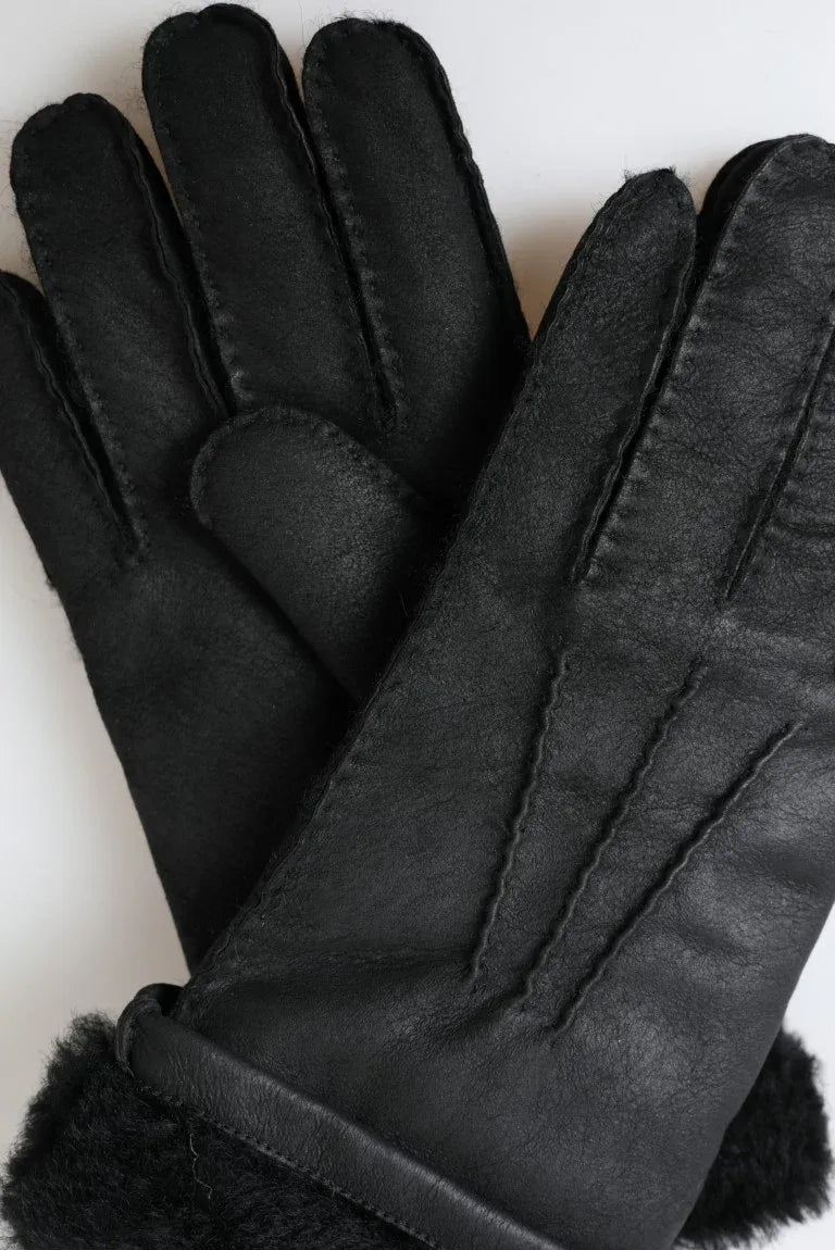 Dolce & Gabbana Black Leather Fur Short Hands Mitten Men Gloves - Zeiniez