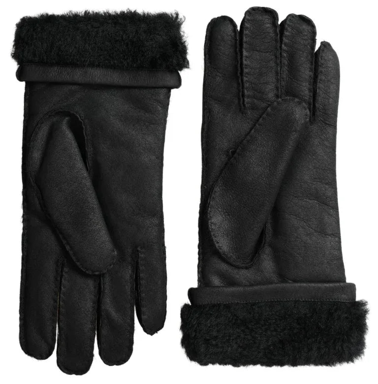 Dolce & Gabbana Black Leather Fur Short Hands Mitten Men Gloves - Zeiniez