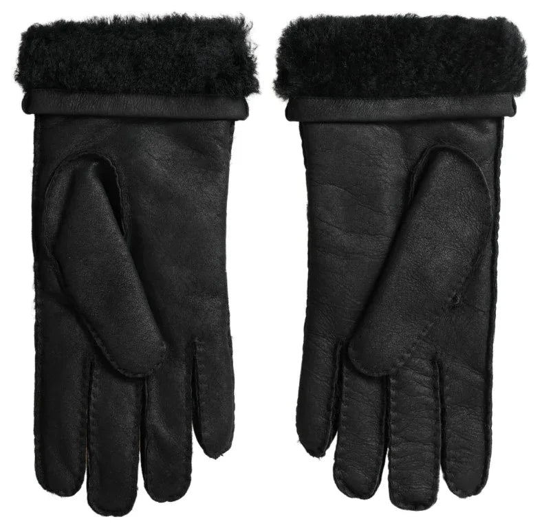 Dolce & Gabbana Black Leather Fur Short Hands Mitten Men Gloves - Zeiniez