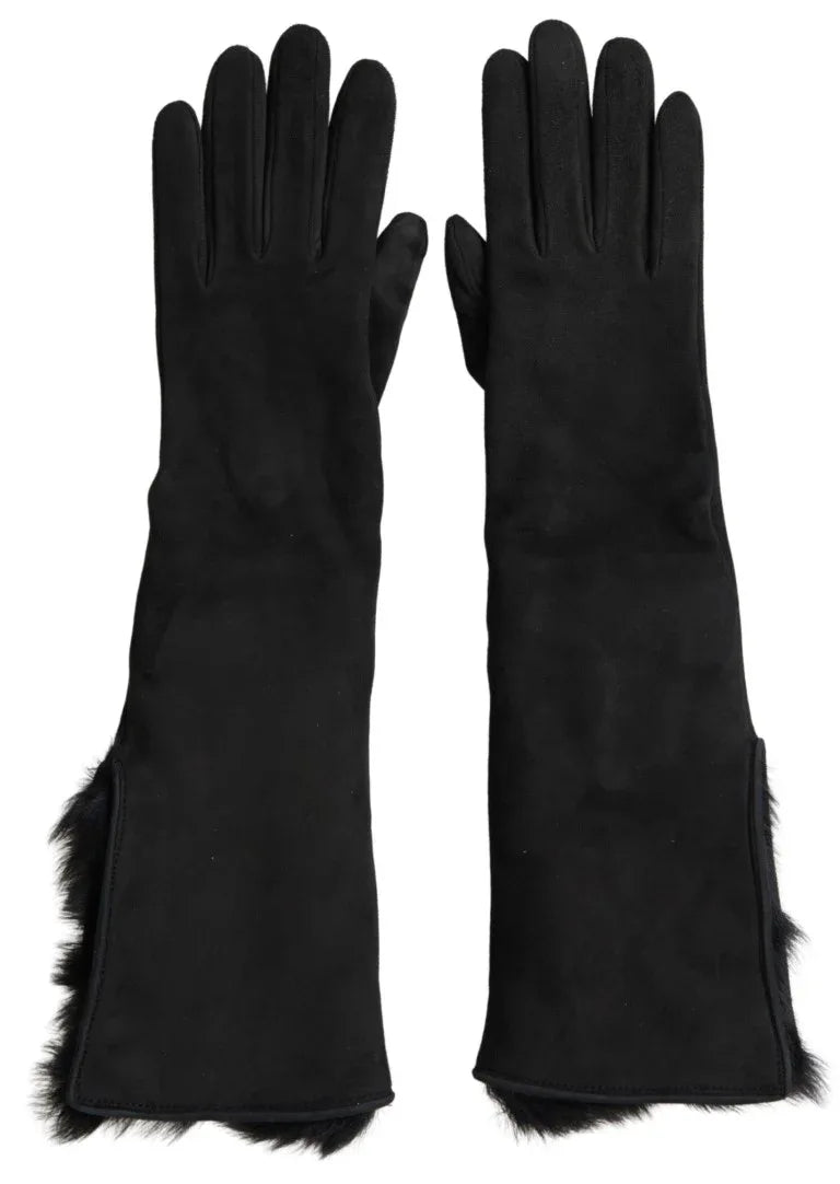 Dolce & Gabbana Black Leather Fur Elbow Length Gloves - Zeiniez