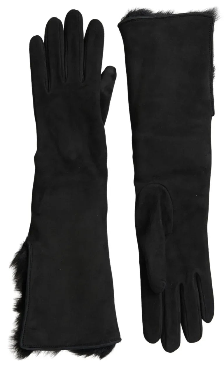 Dolce & Gabbana Black Leather Fur Elbow Length Gloves - Zeiniez