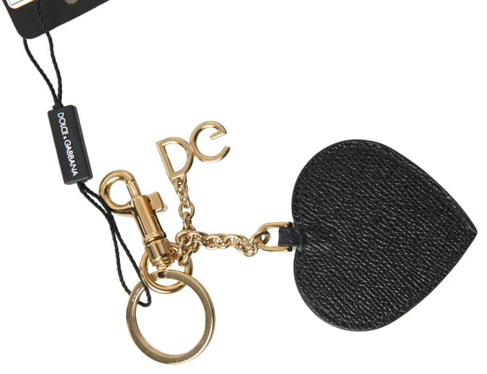 Dolce & Gabbana Black Fuchsia Heart Leather Gold Metal Keyring Keychain - Zeiniez