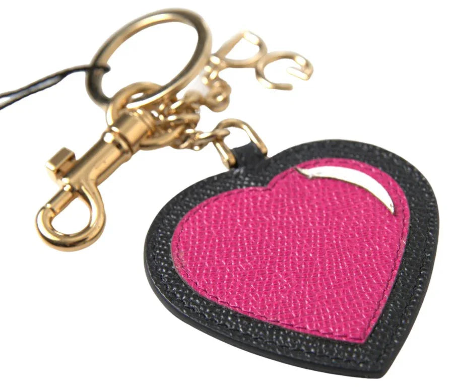 Dolce & Gabbana Black Fuchsia Heart Leather Gold Metal Keyring Keychain - Zeiniez