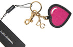 Dolce & Gabbana Black Fuchsia Heart Leather Gold Metal Keyring Keychain - Zeiniez