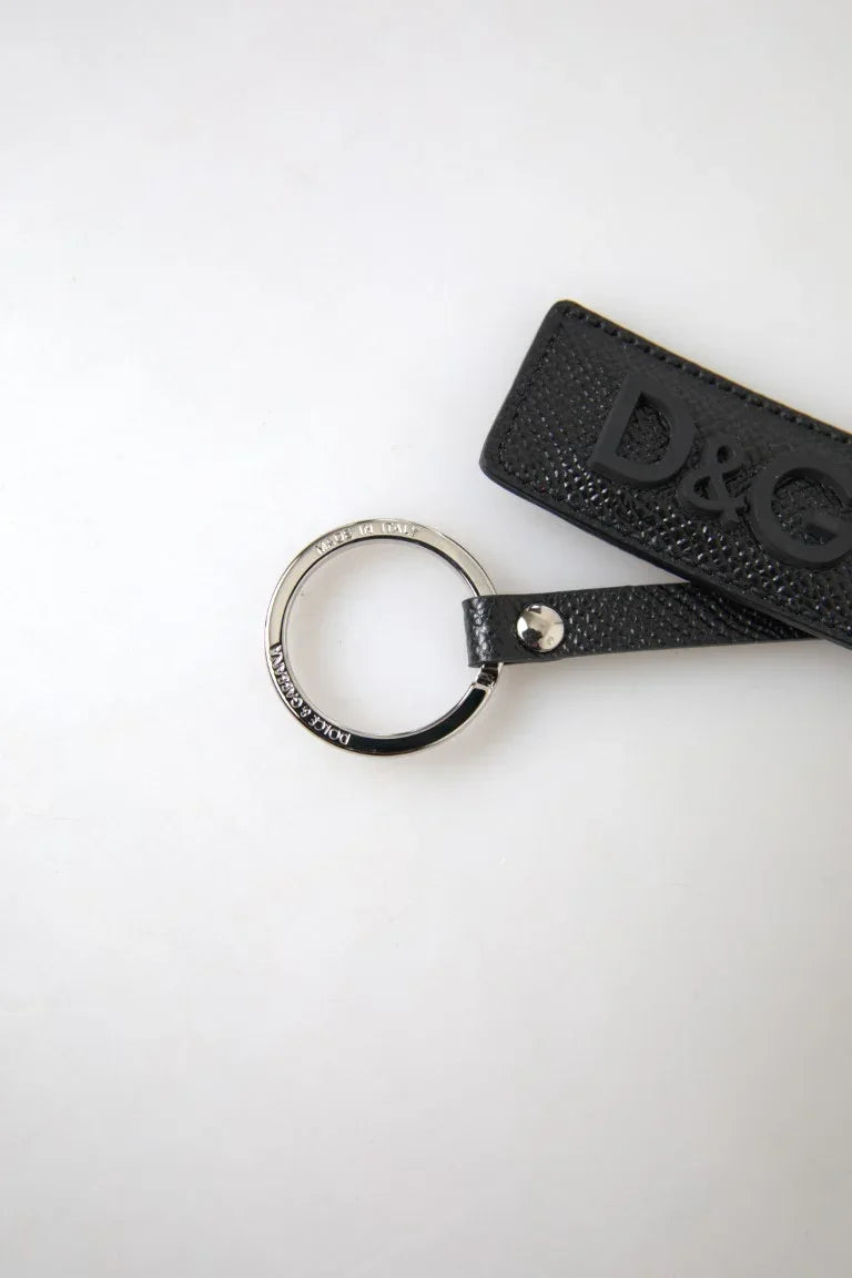 Dolce & Gabbana Black DG Logo Leather Silver Metal Keychain - Zeiniez