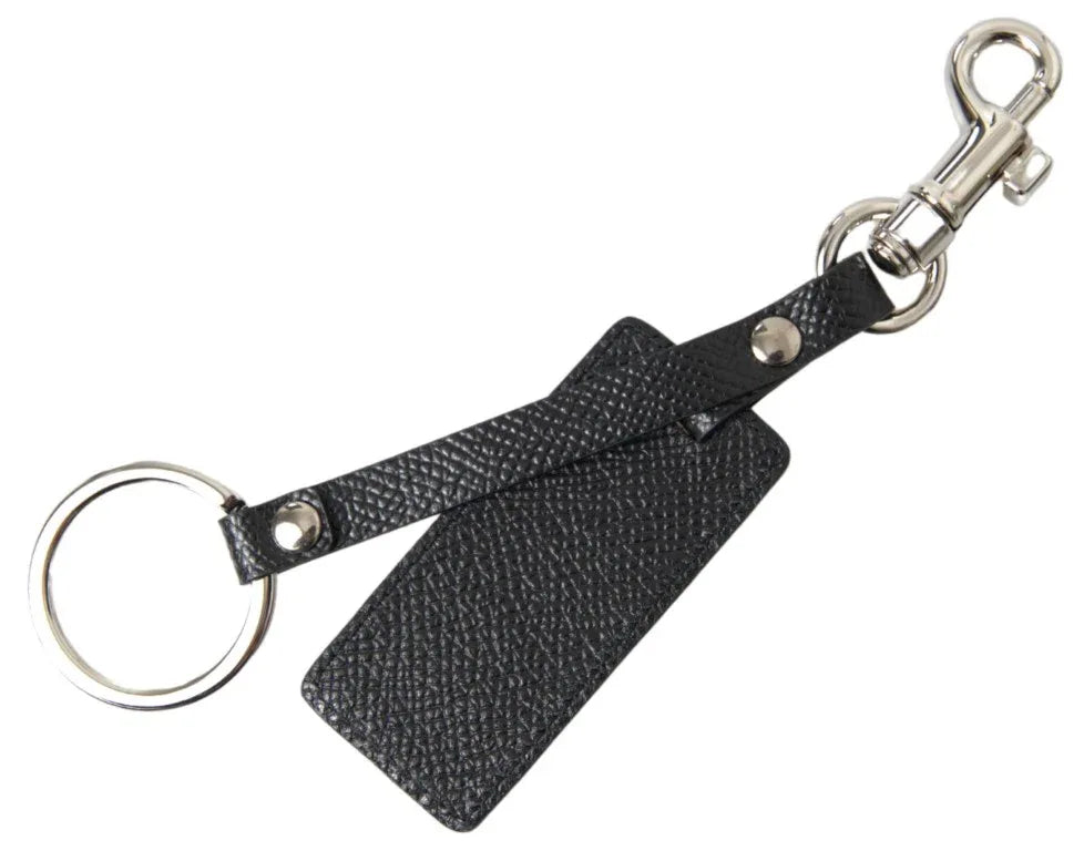 Dolce & Gabbana Black DG Logo Leather Silver Metal Keychain - Zeiniez