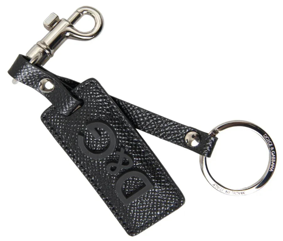 Dolce & Gabbana Black DG Logo Leather Silver Metal Keychain - Zeiniez