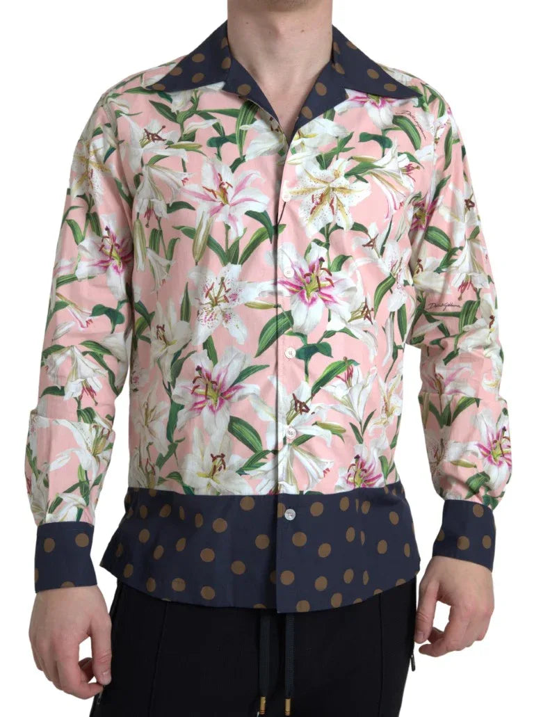 Dolce & Gabbana Cotton Polka Dot Lily Print Collared Shirt - Zeiniez