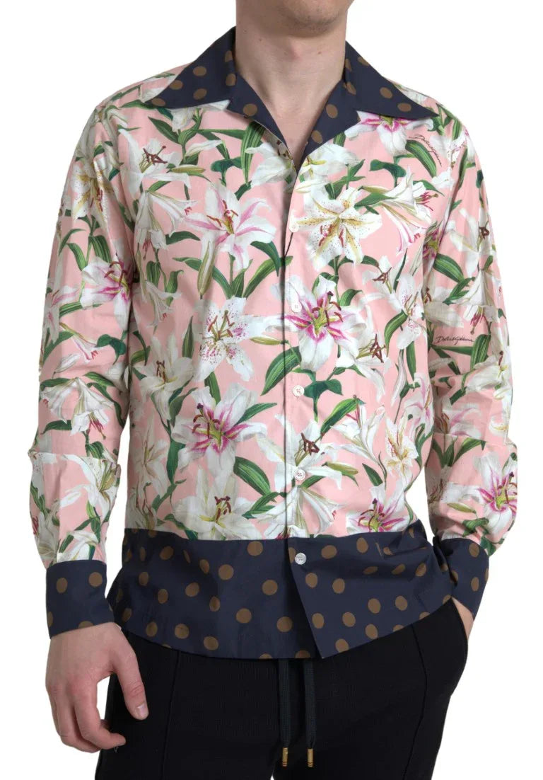 Dolce & Gabbana Cotton Polka Dot Lily Print Collared Shirt - Zeiniez