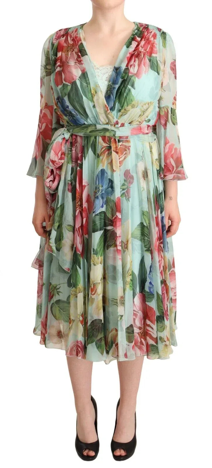 Dolce & Gabbana Multicolor Green Floral Silk Wrap Midi Dress - Zeiniez